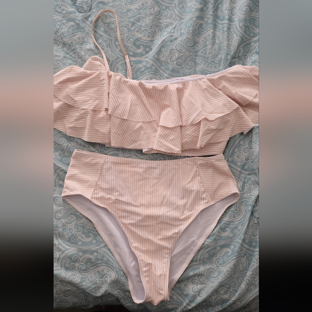 Yellow And White Stripe Bikini Set Sz Large